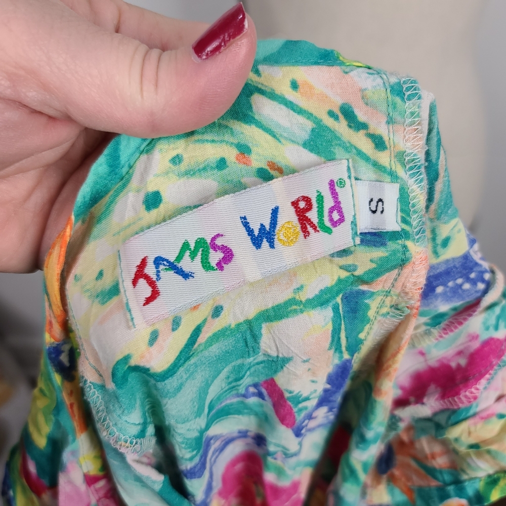 Vtg 80's/90's Jams World Bright Floral Tropical Print Back Tie Sash Midi Dress S - Picture 13 of 14
